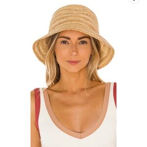 L*Space Isadora Hat in natural stripe. Tan Woven Hat